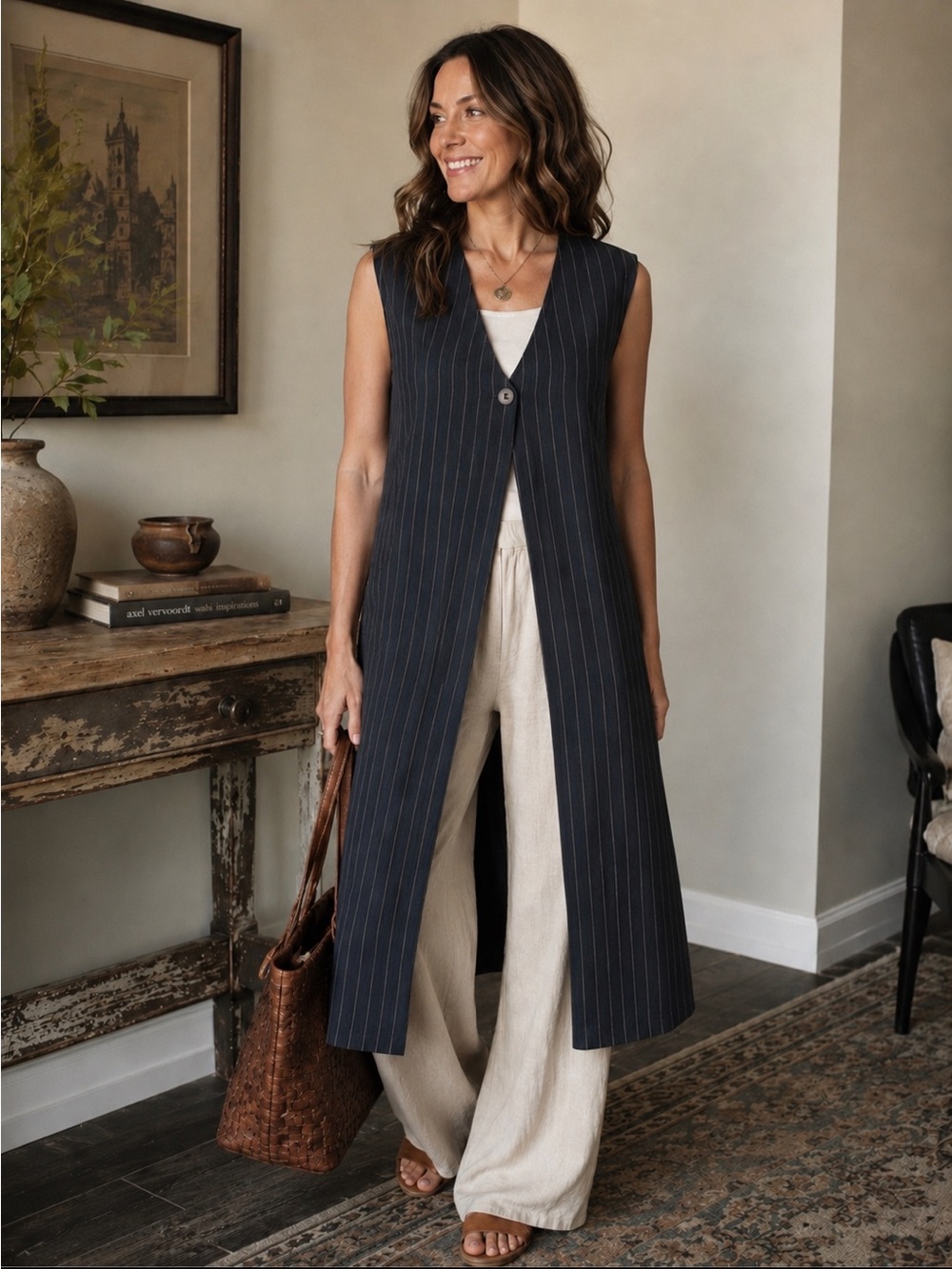 Addition Elle Navy Pinstriped Vest Top 47” long Size 22 Sheer